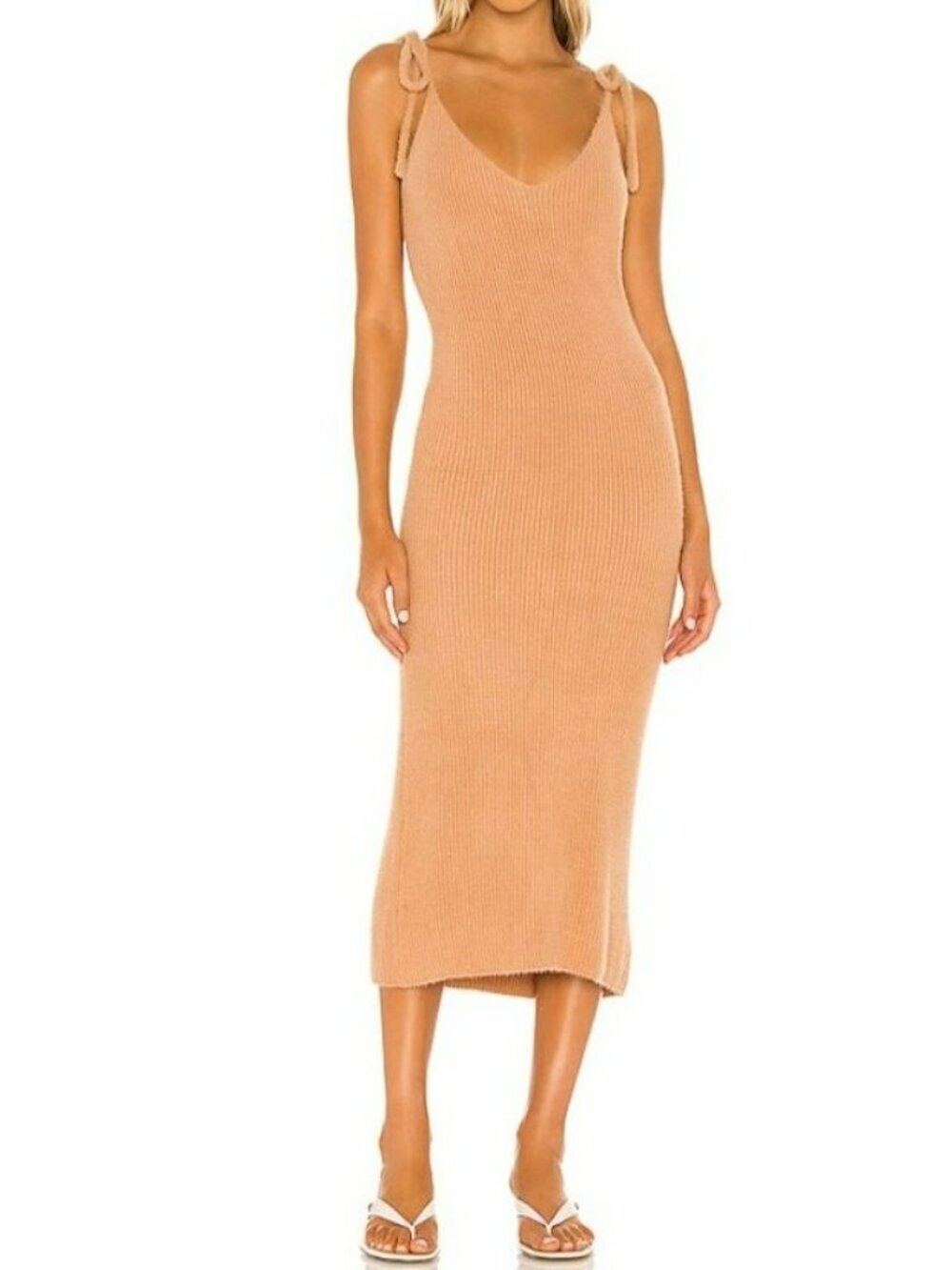 SNDYS Everyday Camel Knit Midi Dress With Tie Straps - Womens Size S